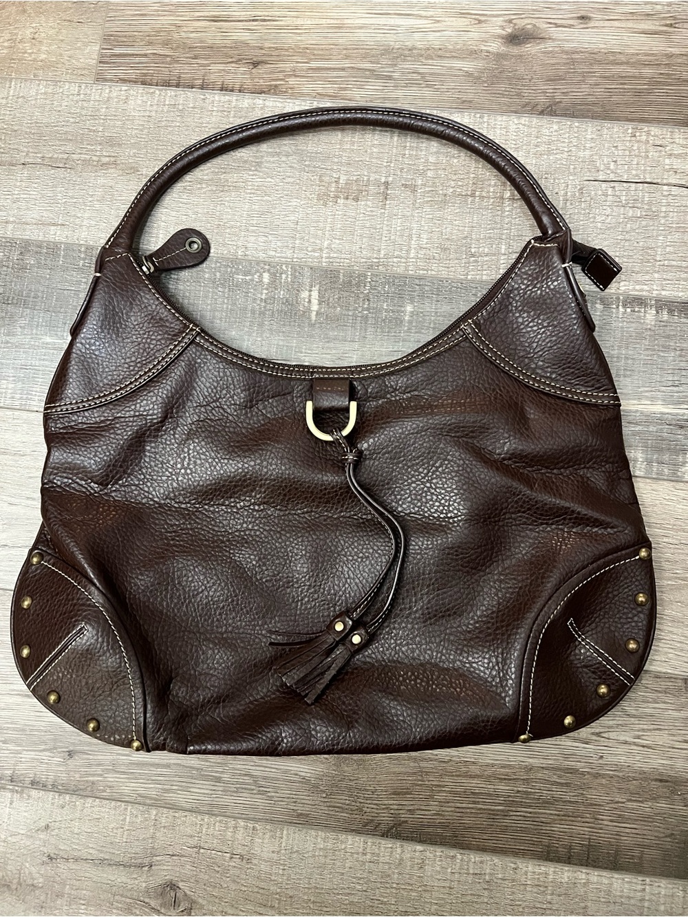 Tommy Hilfiger Dark Brown Pebbled faux Leather Shoulder Bag with Tassels